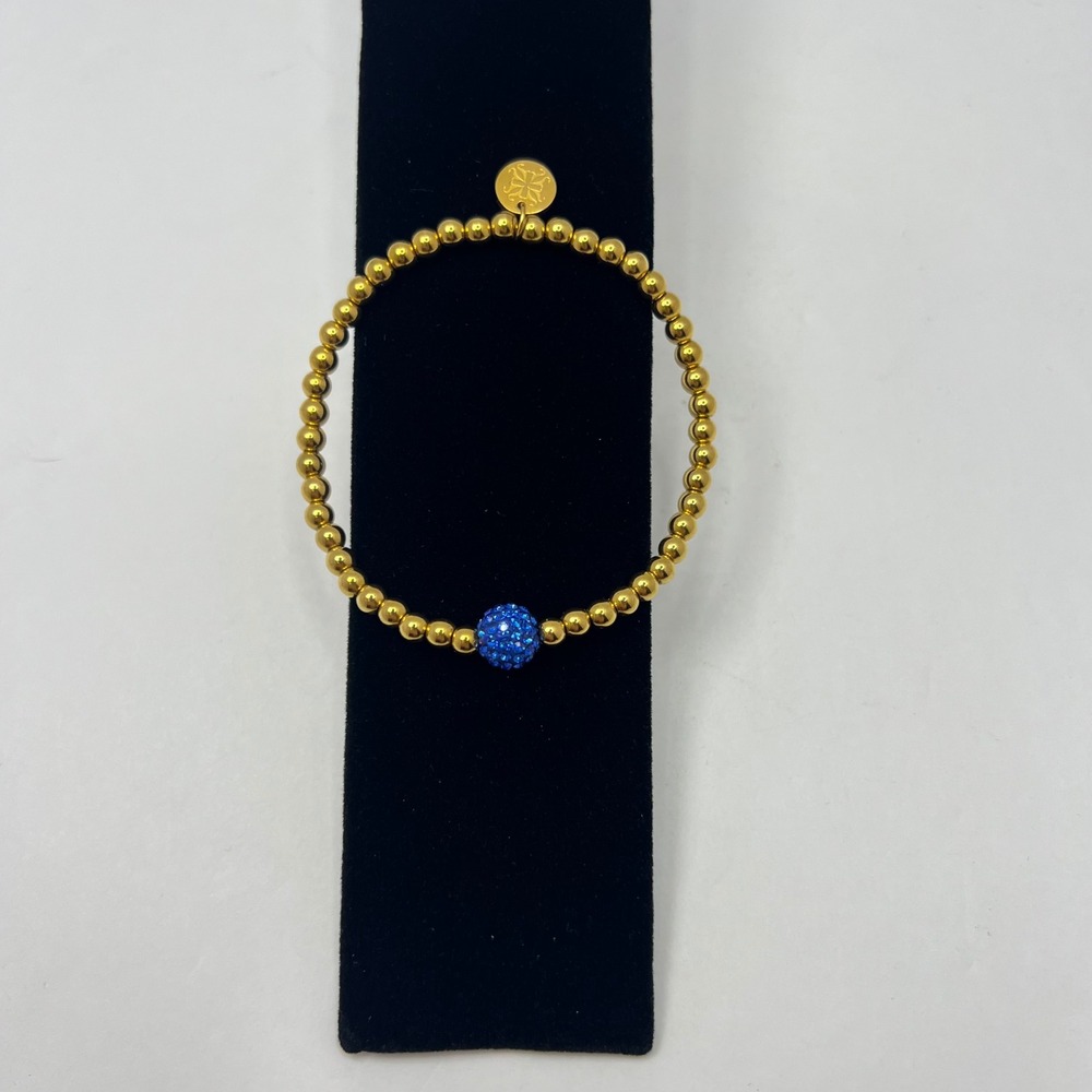 Rustic Cuff Beaded Ireland Bracelet Gold Tone Stretch Blue Crystal Bead Glam